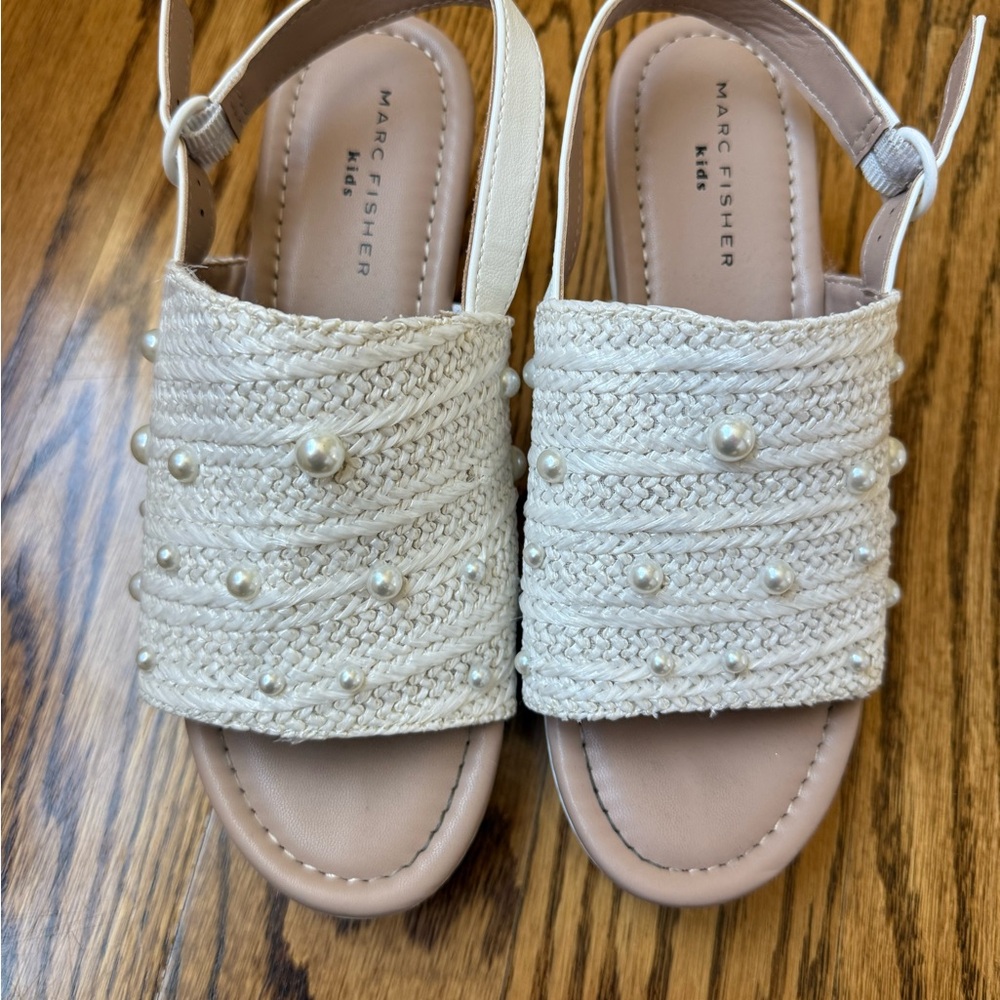 Marc Fisher Cream Woven Sandals with Pearl Details